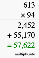 How to calculate 613 times 94 using long multiplication