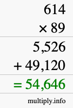 How to calculate 614 times 89 using long multiplication