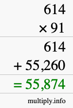 How to calculate 614 times 91 using long multiplication