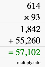 How to calculate 614 times 93 using long multiplication
