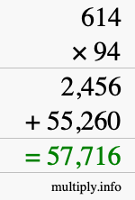 How to calculate 614 times 94 using long multiplication