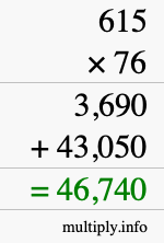 How to calculate 615 times 76 using long multiplication