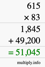How to calculate 615 times 83 using long multiplication