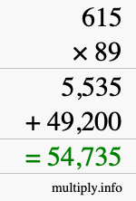 How to calculate 615 times 89 using long multiplication