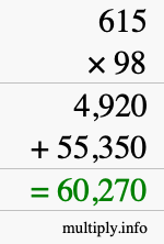 How to calculate 615 times 98 using long multiplication