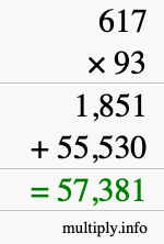 How to calculate 617 times 93 using long multiplication