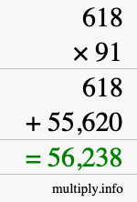 How to calculate 618 times 91 using long multiplication