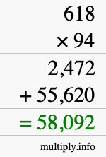 How to calculate 618 times 94 using long multiplication