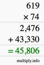 How to calculate 619 times 74 using long multiplication