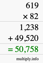 How to calculate 619 times 82 using long multiplication