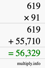 How to calculate 619 times 91 using long multiplication