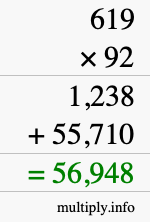 How to calculate 619 times 92 using long multiplication