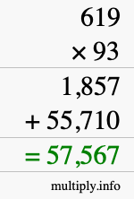 How to calculate 619 times 93 using long multiplication