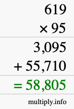 How to calculate 619 times 95 using long multiplication