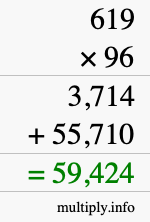 How to calculate 619 times 96 using long multiplication