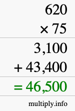 How to calculate 620 times 75 using long multiplication