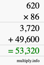 How to calculate 620 times 86 using long multiplication