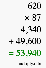 How to calculate 620 times 87 using long multiplication