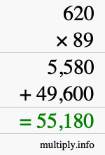 How to calculate 620 times 89 using long multiplication