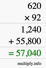 How to calculate 620 times 92 using long multiplication