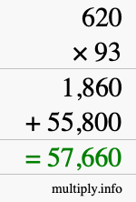 How to calculate 620 times 93 using long multiplication