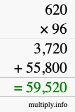 How to calculate 620 times 96 using long multiplication