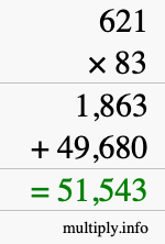 How to calculate 621 times 83 using long multiplication