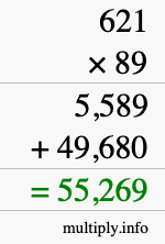 How to calculate 621 times 89 using long multiplication