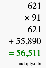 How to calculate 621 times 91 using long multiplication