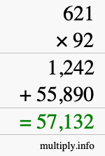How to calculate 621 times 92 using long multiplication