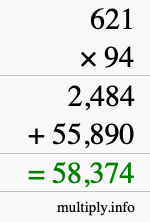 How to calculate 621 times 94 using long multiplication