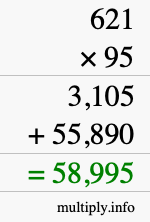 How to calculate 621 times 95 using long multiplication