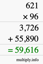 How to calculate 621 times 96 using long multiplication