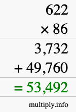 How to calculate 622 times 86 using long multiplication