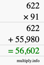 How to calculate 622 times 91 using long multiplication