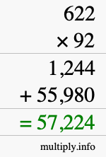 How to calculate 622 times 92 using long multiplication