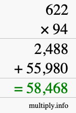 How to calculate 622 times 94 using long multiplication