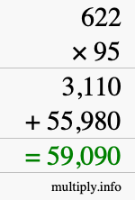 How to calculate 622 times 95 using long multiplication