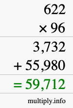 How to calculate 622 times 96 using long multiplication