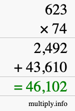 How to calculate 623 times 74 using long multiplication