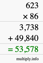 How to calculate 623 times 86 using long multiplication