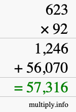 How to calculate 623 times 92 using long multiplication