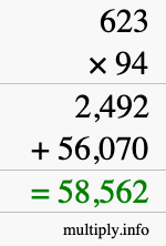 How to calculate 623 times 94 using long multiplication
