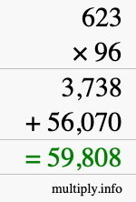 How to calculate 623 times 96 using long multiplication