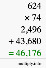 How to calculate 624 times 74 using long multiplication
