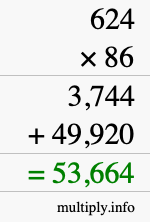 How to calculate 624 times 86 using long multiplication