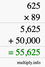 How to calculate 625 times 89 using long multiplication
