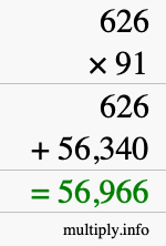 How to calculate 626 times 91 using long multiplication