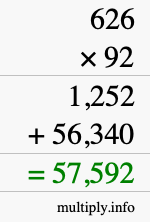 How to calculate 626 times 92 using long multiplication