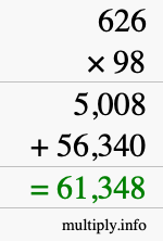 How to calculate 626 times 98 using long multiplication